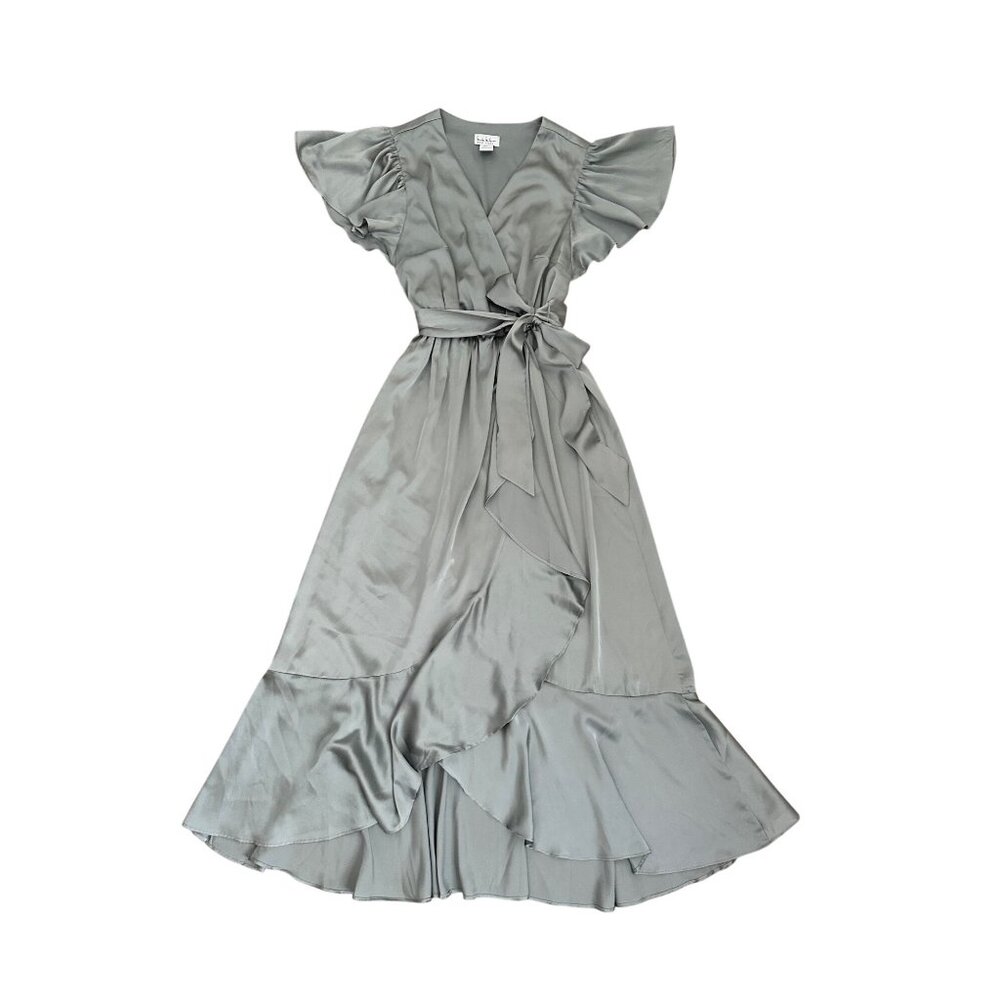 Nicole Miller Gray Satin Faux Wrap Dress